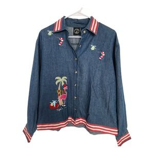 Lighthouse‎ Apparel Vintage Denim Christmas Flamingo Embroidered Button Up Shirt